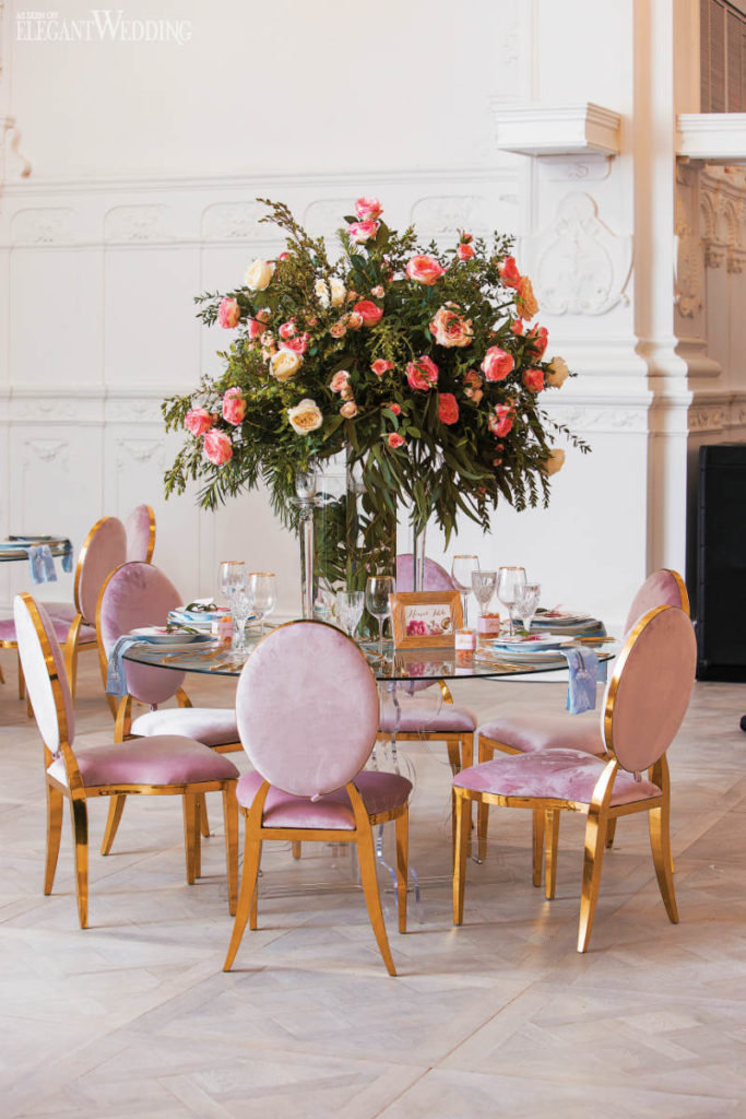 table setting with pink chairs pink theme