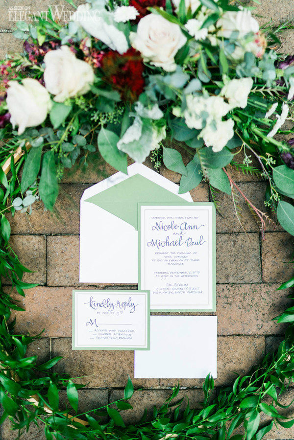green and white garden wedding invitations