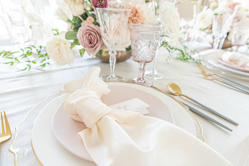 soft beige and pink romantic wedding theme table setting